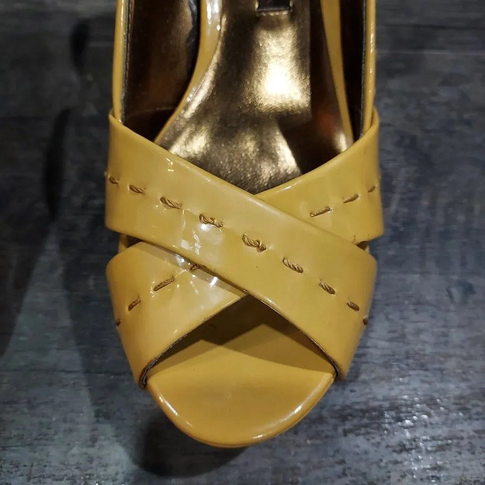 Chinese Laundry Yellow Patent Leather Slingback Brown Heels Pickstitch Size 7 - Picture 7 of 12